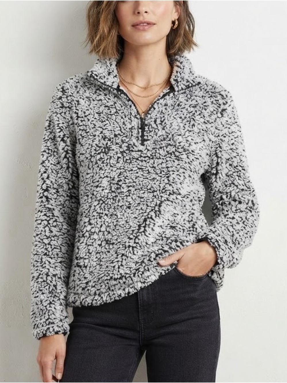 Time and Tru Fleece Teddy Jacket in Gray & White Size Medium